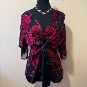 Romantic Tie Front Black & Red Mesh Velvet Top